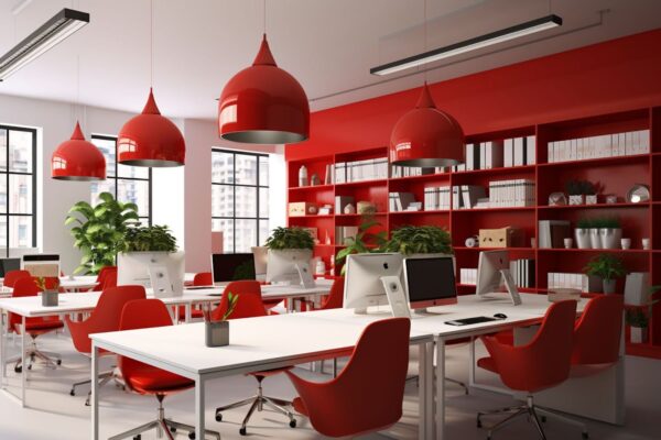 Ambiente de escritório com mesas brancas, cadeiras vermelhas e computadores iMac. Há luminárias vermelhas pendentes, prateleiras com livros e plantas, criando um espaço funcional e bem decorado.
