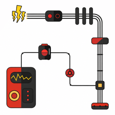 Ilustração de um sistema elétrico com cabos, conectores e medidor, representando fluxo de energia e monitoramento.