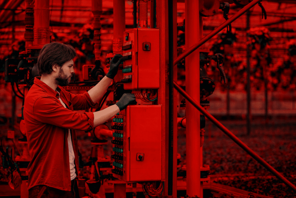 Homem usando luvas trabalha em um painel de controle elétrico em ambiente industrial.