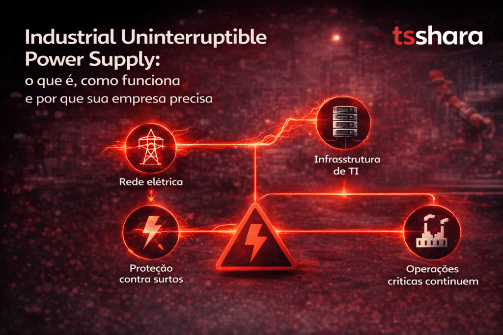 Arte com o título “Industrial Uninterruptible Power Supply: o que é, como funciona e por que sua empresa precisa”. Apresenta um esquema com elementos como rede elétrica, proteção contra surtos, infraestrutura de TI e continuidade de operações críticas.