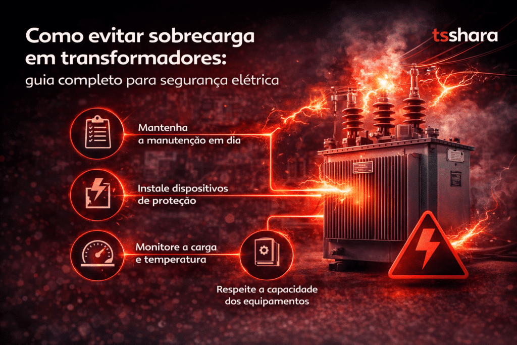 Arte com o título “Como evitar sobrecarga em transformadores: guia completo para segurança elétrica”. Mostra um transformador com efeitos elétricos e orientações visuais como manutenção em dia, uso de dispositivos de proteção, monitoramento de carga e respeito à capacidade dos equipamentos.
