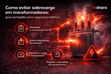 Arte com o título “Como evitar sobrecarga em transformadores: guia completo para segurança elétrica”. Mostra um transformador com efeitos elétricos e orientações visuais como manutenção em dia, uso de dispositivos de proteção, monitoramento de carga e respeito à capacidade dos equipamentos.