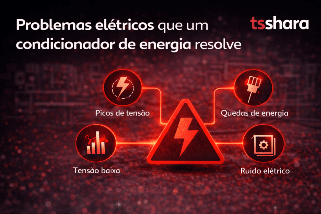 Arte informativa destacando os principais problemas elétricos: picos de tensão, quedas de energia, tensão baixa e ruído elétrico. O visual conecta esses elementos a um símbolo central de alerta, reforçando o papel do condicionador de energia na proteção de equipamentos.