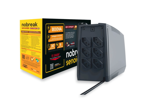 Foto de um nobreak modelo “UPS Compact Pro Senoidal” da TS Shara, com destaque para a embalagem. O produto indica 800VA de potência, autonomia média de 30 minutos e múltiplas tomadas para proteção e continuidade de energia.