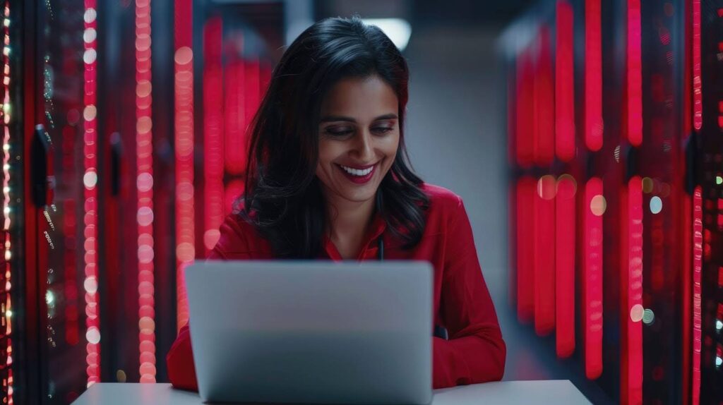 Mulher sorrindo usando um notebook em um ambiente com servidores e luzes vermelhas ao fundo, representando tecnologia e infraestrutura de dados.