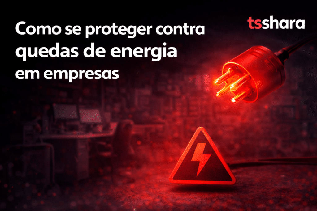 Arte com o texto “Como se proteger contra quedas de energia em empresas”. Mostra um plugue energizado e um símbolo de alerta elétrico, representando riscos e a necessidade de proteção no ambiente corporativo.