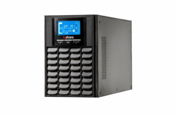 Equipamento nobreak preto da marca TS Shara com painel digital na parte frontal, utilizado para proteção e continuidade de energia em sistemas eletrônicos.