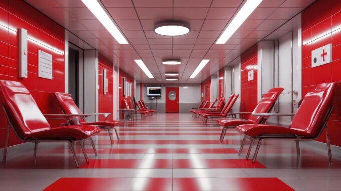 Corredor de hospital com cadeiras e estrutura organizada, representando um ambiente onde a energia contínua é essencial para manter equipamentos e serviços funcionando sem interrupções.