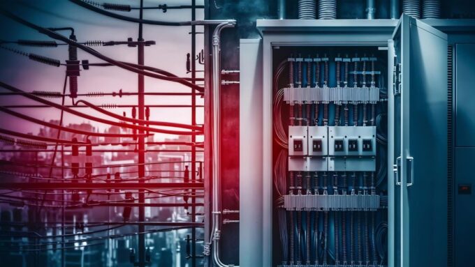 Foto de um painel elétrico aberto com diversos circuitos, disjuntores e cabeamento organizado. Ao fundo, há infraestrutura elétrica externa, indicando um ambiente industrial e a complexidade dos sistemas de distribuição de energia.