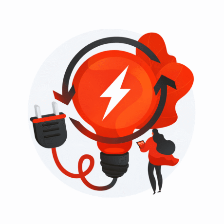 Ilustração de uma lâmpada vermelha com símbolo de raio no centro, cercada por setas circulares e um plugue elétrico, representando energia e eletricidade. Ao lado, uma pessoa segura um celular.