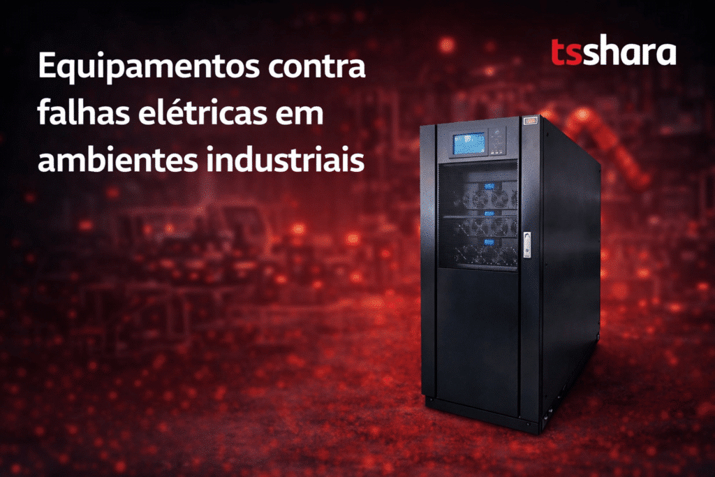 A imagem apresenta um nobreak/UPS industrial da TS Shara em destaque, com fundo vermelho e industrial, transmitindo um contexto tecnológico e de alta performance.
