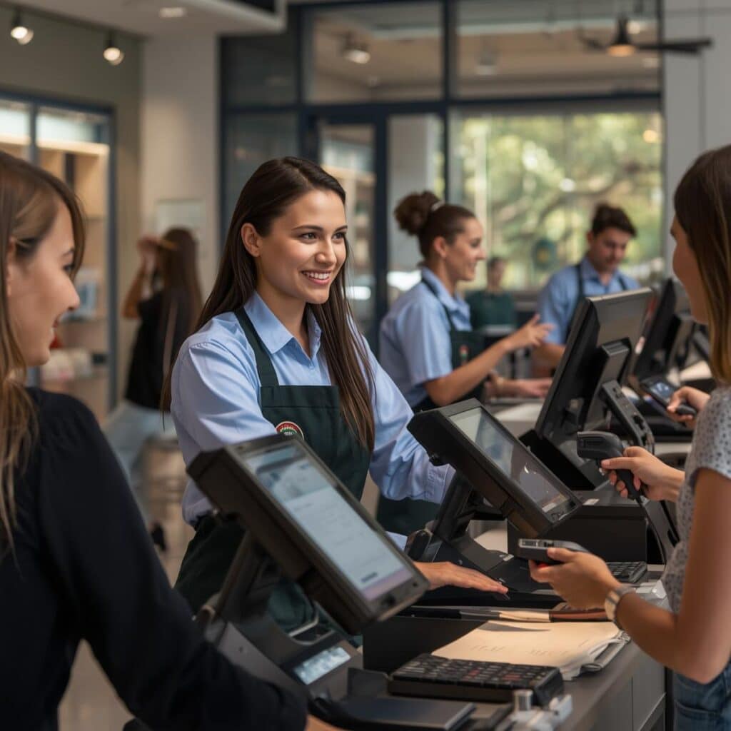Funcionárias atendem clientes em caixas de loja com telas e leitores de pagamento.