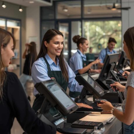 Funcionárias atendem clientes em caixas de loja com telas e leitores de pagamento.