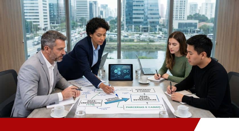 Quatro profissionais de negócios em uma sala de reuniões moderna com vista para a cidade, analisando um plano estratégico impresso sobre a mesa.