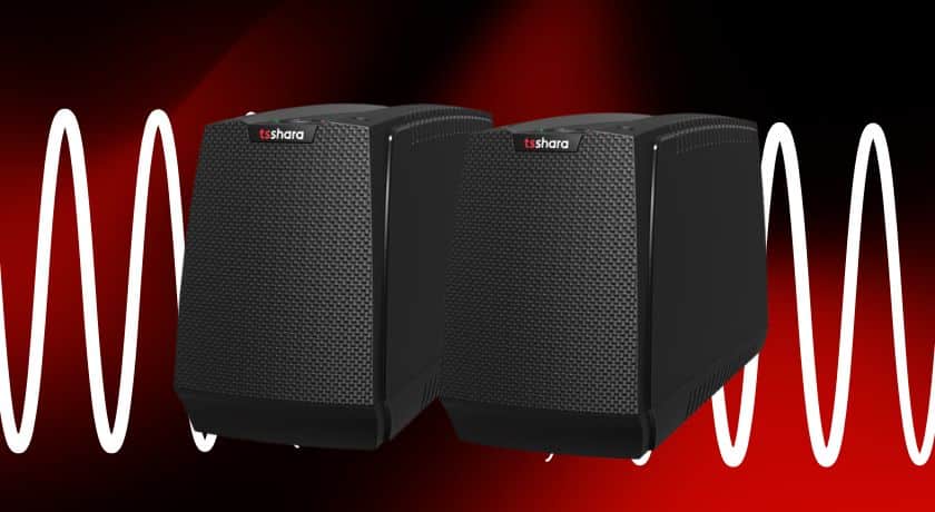 imagem de dois nobreaks de 1200va de potência da TS Shara, em um fundo vermelho e preto com uma onda senoidal em branco