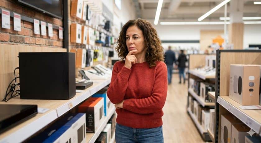 Uma mulher com cabelos cacheados, vestindo uma blusa de manga comprida vermelha, está em uma loja de eletrônicos, pensando em qual aparelho levar