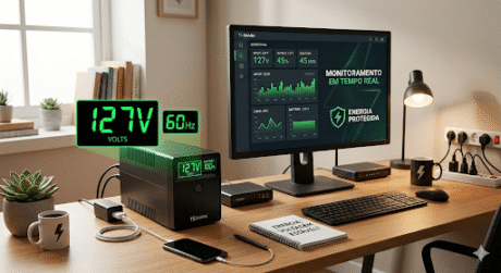 Mesa de escritório com nobreak, monitor de energia e visor mostrando 127V e 60Hz.