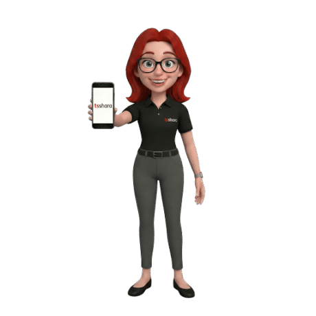 Personagem 3D feminina, ruiva e de óculos, sorrindo e segurando um celular que exibe o logotipo da TS Shara. Ela veste uma camisa polo preta com o logo da empresa, calça cinza e sapatilhas pretas, contra um fundo branco.