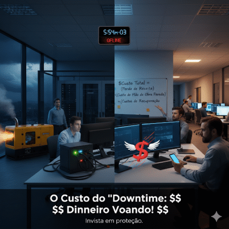 Imagem dividida ao meio comparando dois cenários de falta de energia em um escritório. À esquerda, em tons escuros e azulados, um gerador fumegando e funcionários tensos no escuro; um relógio digital marca "5:54 PM - OFFLINE".