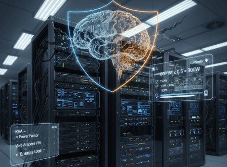 Data center com fileiras de servidores pretos e luzes indicadoras. No centro, uma projeção holográfica mostra um cérebro digital dentro de um escudo brilhante.