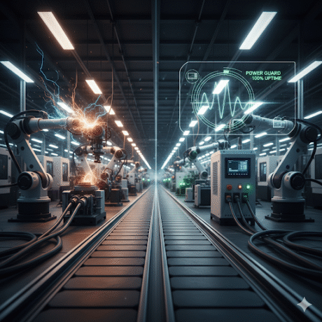 Linha de montagem industrial automatizada com braços robóticos operando ao longo de uma esteira central. À esquerda, um robô solta faíscas durante o trabalho