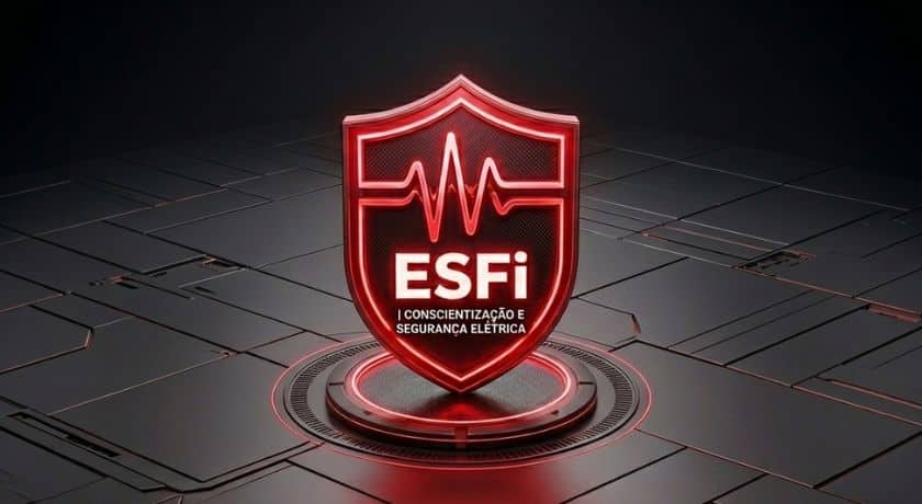 uma imagem de um escudo em vermelho neon escrito ESFi, sigla para Electrical Safety Foundation International