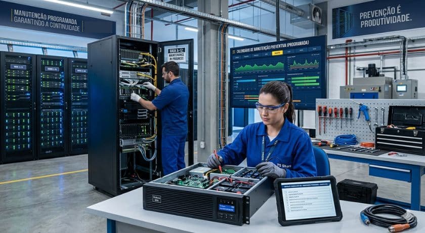 técnica inspeciona o interior de um Nobreak e consulta um checklist digital, enquanto outro profissional trabalha em um rack de servidores ao fundo.