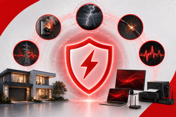 Arte sobre proteção elétrica, com um grande escudo vermelho com símbolo de raio no centro. Ao redor, aparecem imagens de riscos elétricos, como tomada queimando, raios, fios soltando faíscas, torre de energia e sinal de instabilidade. Na parte inferior, há uma casa e equipamentos eletrônicos como computador, notebook, impressora e roteadores.