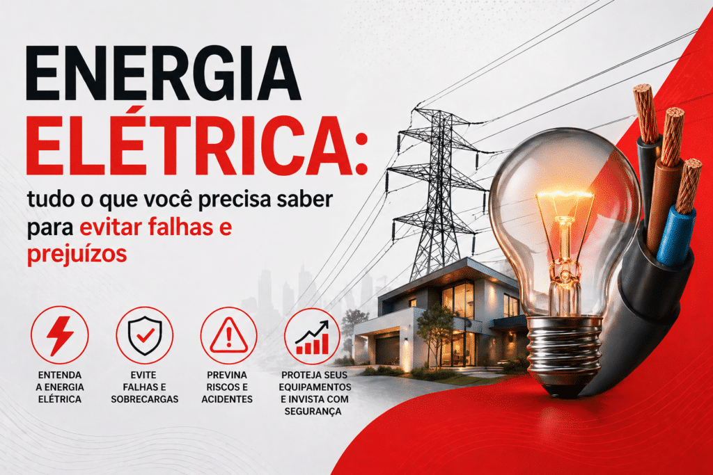 Arte informativa sobre energia elétrica, com destaque para uma lâmpada acesa, cabos elétricos, torre de transmissão e uma casa ao fundo. O texto principal diz “Energia elétrica: tudo o que você precisa saber para evitar falhas e prejuízos”, acompanhado de ícones sobre segurança, prevenção e proteção de equipamentos.