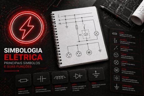 Arte sobre simbologia elétrica, com fundo escuro e detalhes em vermelho. Mostra um caderno com desenho de circuito elétrico, ícones de componentes como resistor, capacitor, indutor, diodo e aterramento, além de uma lista explicando símbolos como fusível, disjuntor, interruptor, tomada, lâmpada e motor.