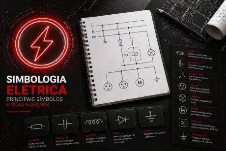 Arte sobre simbologia elétrica, com fundo escuro e detalhes em vermelho. Mostra um caderno com desenho de circuito elétrico, ícones de componentes como resistor, capacitor, indutor, diodo e aterramento, além de uma lista explicando símbolos como fusível, disjuntor, interruptor, tomada, lâmpada e motor.