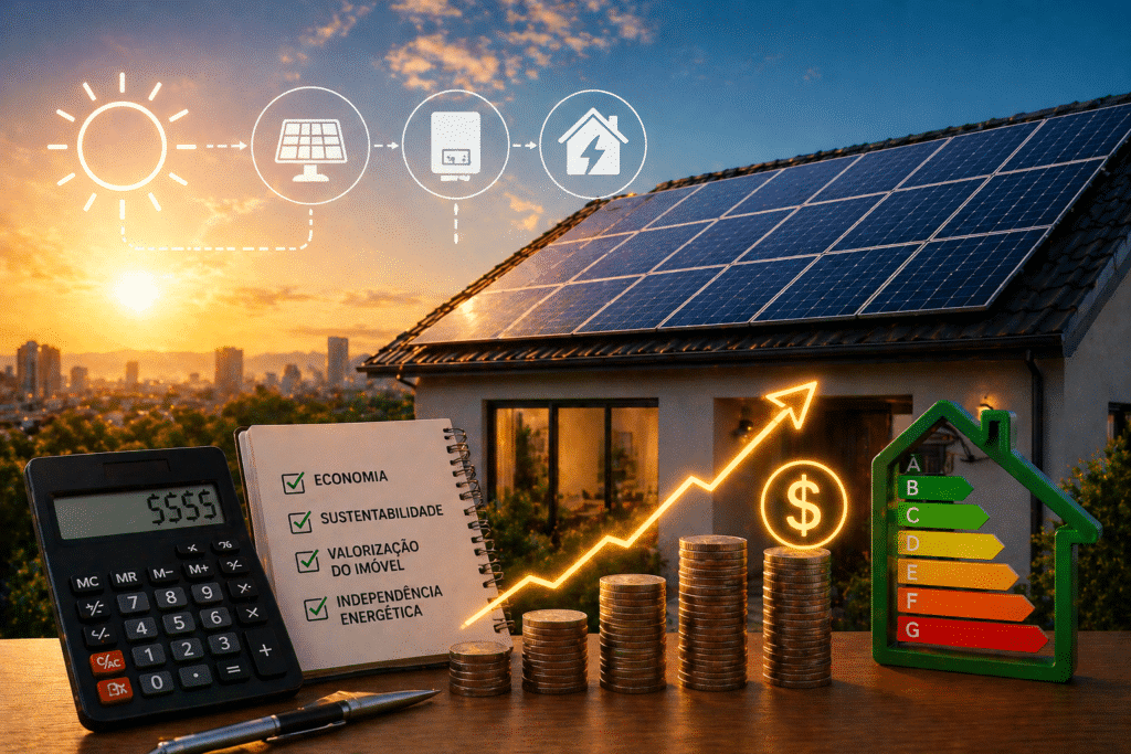 Imagem sobre energia solar residencial, mostrando uma casa com painéis solares no telhado ao pôr do sol. Na frente, há uma calculadora, moedas empilhadas, gráfico de crescimento, símbolo de dinheiro e uma escala de eficiência energética, destacando economia, sustentabilidade e valorização do imóvel.