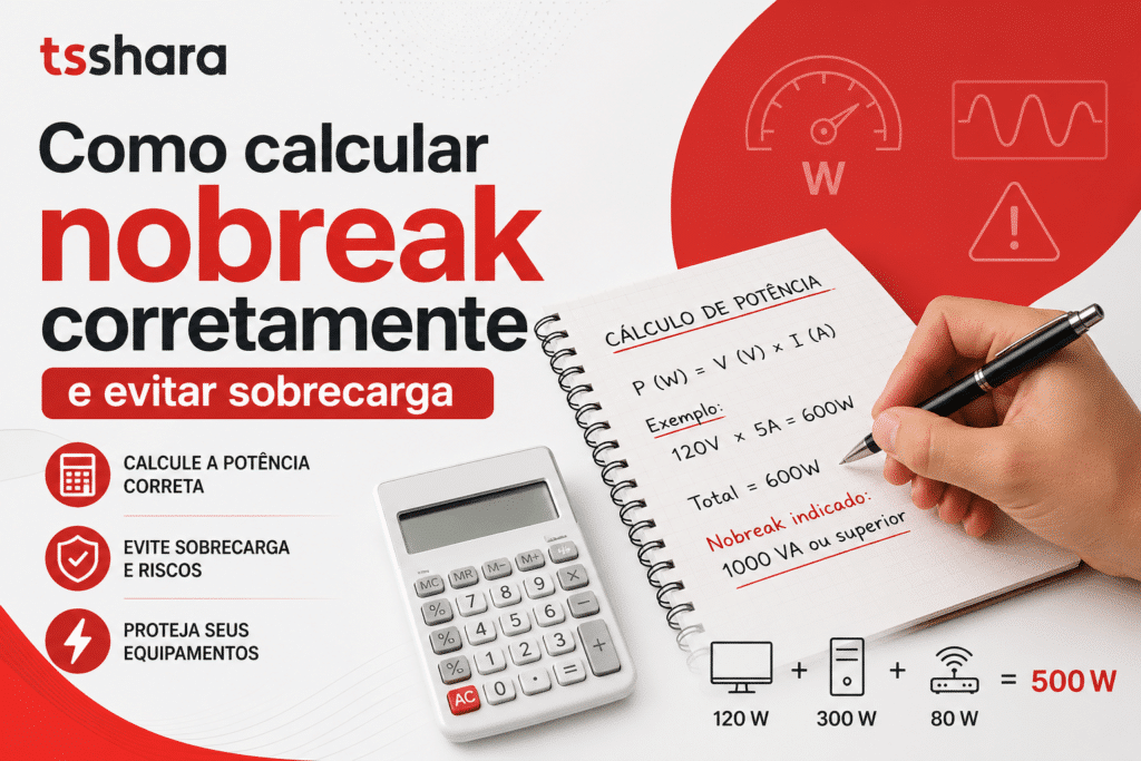 Arte educativa da TS Shara sobre como calcular um nobreak corretamente. A imagem mostra uma calculadora, um caderno com fórmula de potência, uma mão escrevendo e ícones de equipamentos eletrônicos, destacando a importância de evitar sobrecarga e proteger os aparelhos.