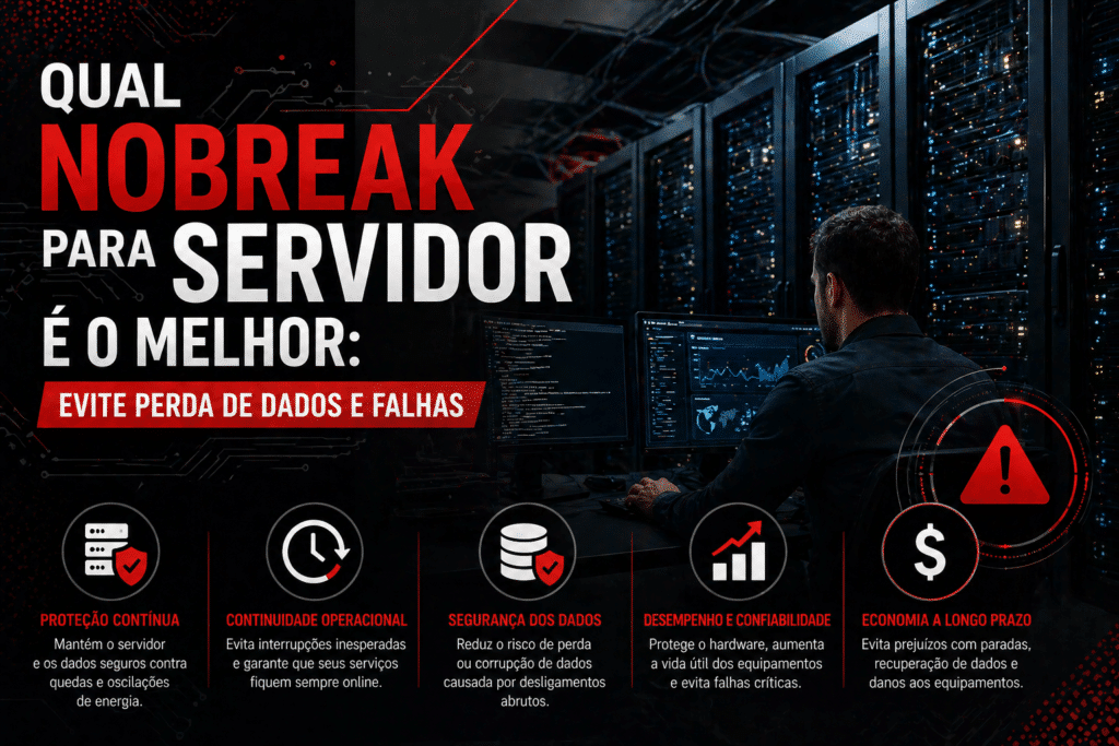 Arte sobre nobreak para servidor, com fundo de data center e profissional monitorando sistemas em computadores. O texto destaca a importância do nobreak para evitar perda de dados, falhas, interrupções, corrupção de arquivos e prejuízos com paradas.