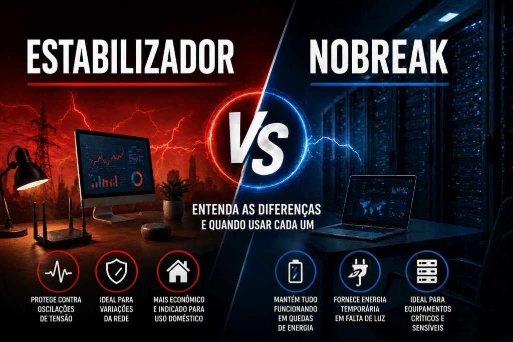Arte comparativa entre estabilizador e nobreak, dividida em dois lados: à esquerda, estabilizador em ambiente doméstico com tons vermelhos; à direita, nobreak em data center com tons azuis. A imagem explica que o estabilizador protege contra oscilações de tensão, enquanto o nobreak fornece energia temporária em quedas de luz.