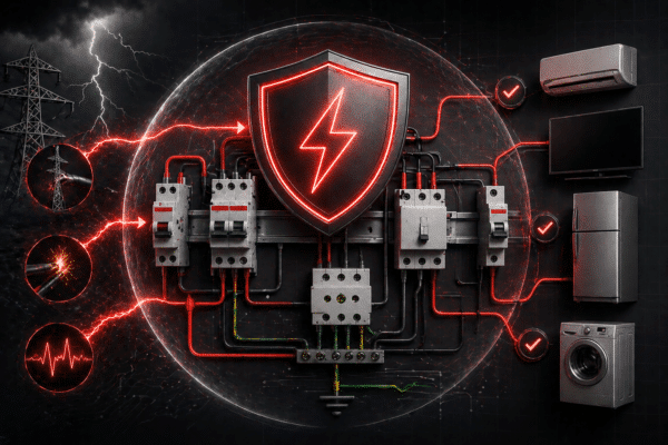 Arte conceitual sobre proteção elétrica, com um quadro de disjuntores no centro protegido por um grande escudo com raio vermelho. À esquerda aparecem riscos como raios, faíscas em fios e instabilidade elétrica; à direita, equipamentos como ar-condicionado, televisão, geladeira e máquina de lavar aparecem protegidos com símbolos de confirmação.