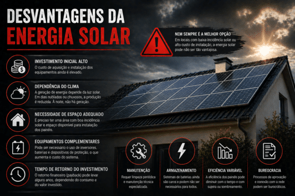 Arte informativa sobre as desvantagens da energia solar, com uma casa com painéis solares sob um céu escuro. O conteúdo destaca pontos como alto investimento inicial, dependência do clima, necessidade de espaço adequado, manutenção, armazenamento, eficiência variável e burocracia.
