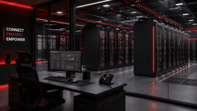 Imagem de um ambiente de data center moderno, com racks de servidores iluminados em vermelho e preto. À frente, há uma estação de trabalho com monitoramento de sistemas, transmitindo tecnologia, segurança e controle operacional.