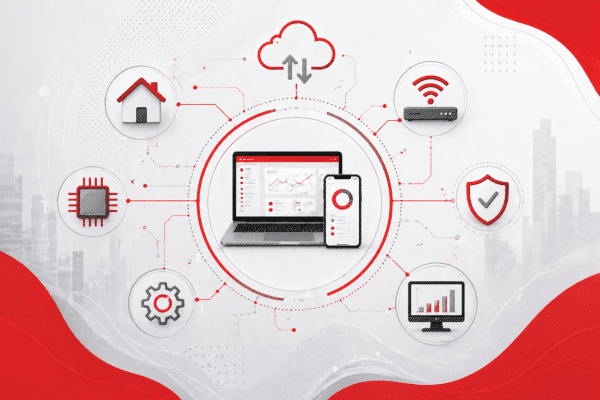 Arte tecnológica em tons de branco, vermelho e cinza, com notebook e celular no centro conectados a ícones de casa, nuvem, internet, segurança, chip, engrenagem e gráfico, representando conectividade, monitoramento e proteção digital.