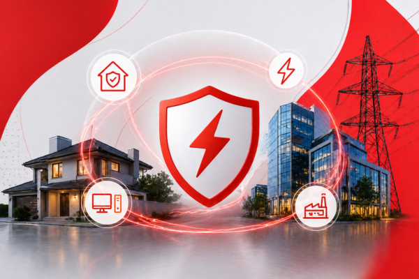 Imagem conceitual sobre proteção elétrica, com casas, prédio comercial e torre de energia ao fundo. No centro, há um grande escudo vermelho com símbolo de raio, cercado por ícones que representam segurança residencial, energia, equipamentos eletrônicos e indústria.