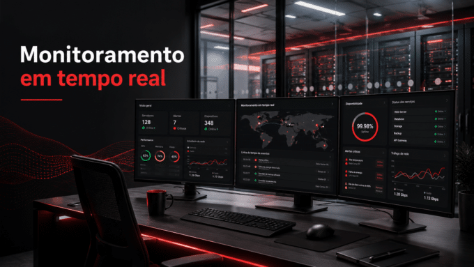 Arte de monitoramento em tempo real em um ambiente de data center, com três telas exibindo gráficos, mapas, alertas e status de servidores. O visual usa tons escuros com iluminação vermelha, transmitindo tecnologia, controle e segurança operacional.