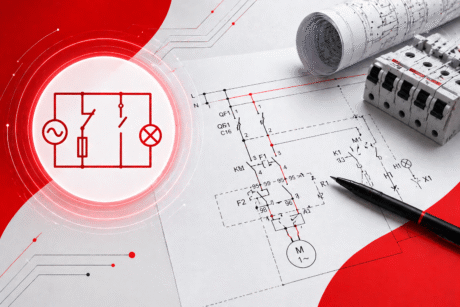 Arte com um projeto elétrico sobre a mesa, mostrando diagramas, símbolos de circuito, disjuntores, planta técnica enrolada e uma caneta. À esquerda, há um ícone vermelho de circuito elétrico dentro de um círculo iluminado, com elementos gráficos em vermelho e branco.