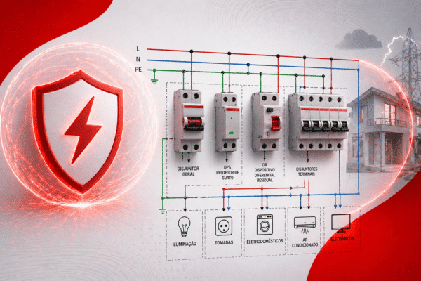 Arte explicativa sobre proteção elétrica residencial, com um grande escudo vermelho com raio à esquerda e, ao centro, um esquema elétrico com disjuntor geral, DPS, DR e disjuntores terminais. Na parte inferior, aparecem ícones de iluminação, tomadas, eletrodomésticos, ar-condicionado e eletrônicos, representando os pontos protegidos da casa.