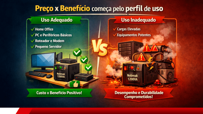 Comparativo visual sobre uso adequado e inadequado de nobreak 1200VA.