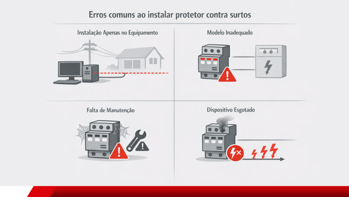 Infográfico com erros comuns ao instalar protetor contra surtos.