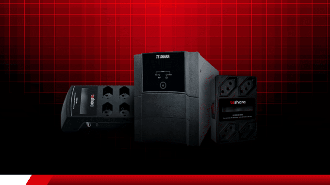 Produtos Tsshara para proteção de energia em fundo vermelho e preto.