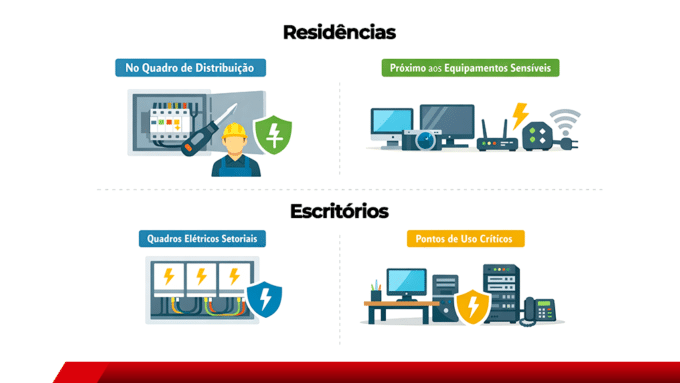 Infográfico sobre instalação de protetor de surto em residências e escritórios.