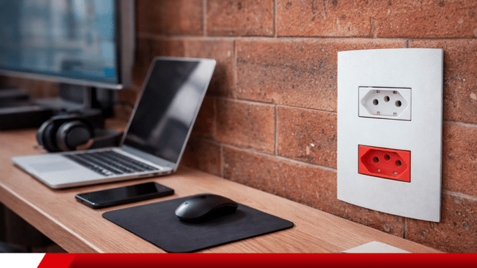 Mesa com notebook, monitor e tomada elétrica próxima aos equipamentos.
