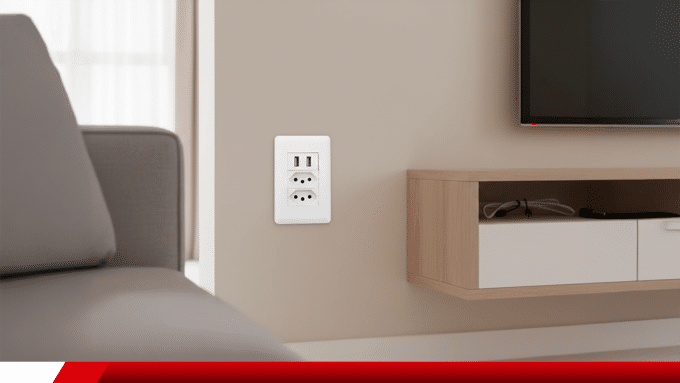 Tomada com USB instalada em sala.