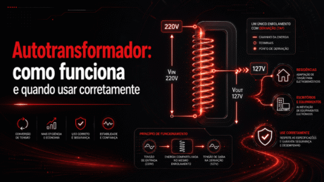 Arte informativa sobre autotransformador. À esquerda, há o título “Autotransformador: como funciona e quando usar corretamente”. À direita, aparece um diagrama técnico mostrando a conversão de tensão de 220V para 127V, com indicações de entrada, saída, enrolamento, derivação e aplicações em residências, escritórios e equipamentos eletrônicos.
